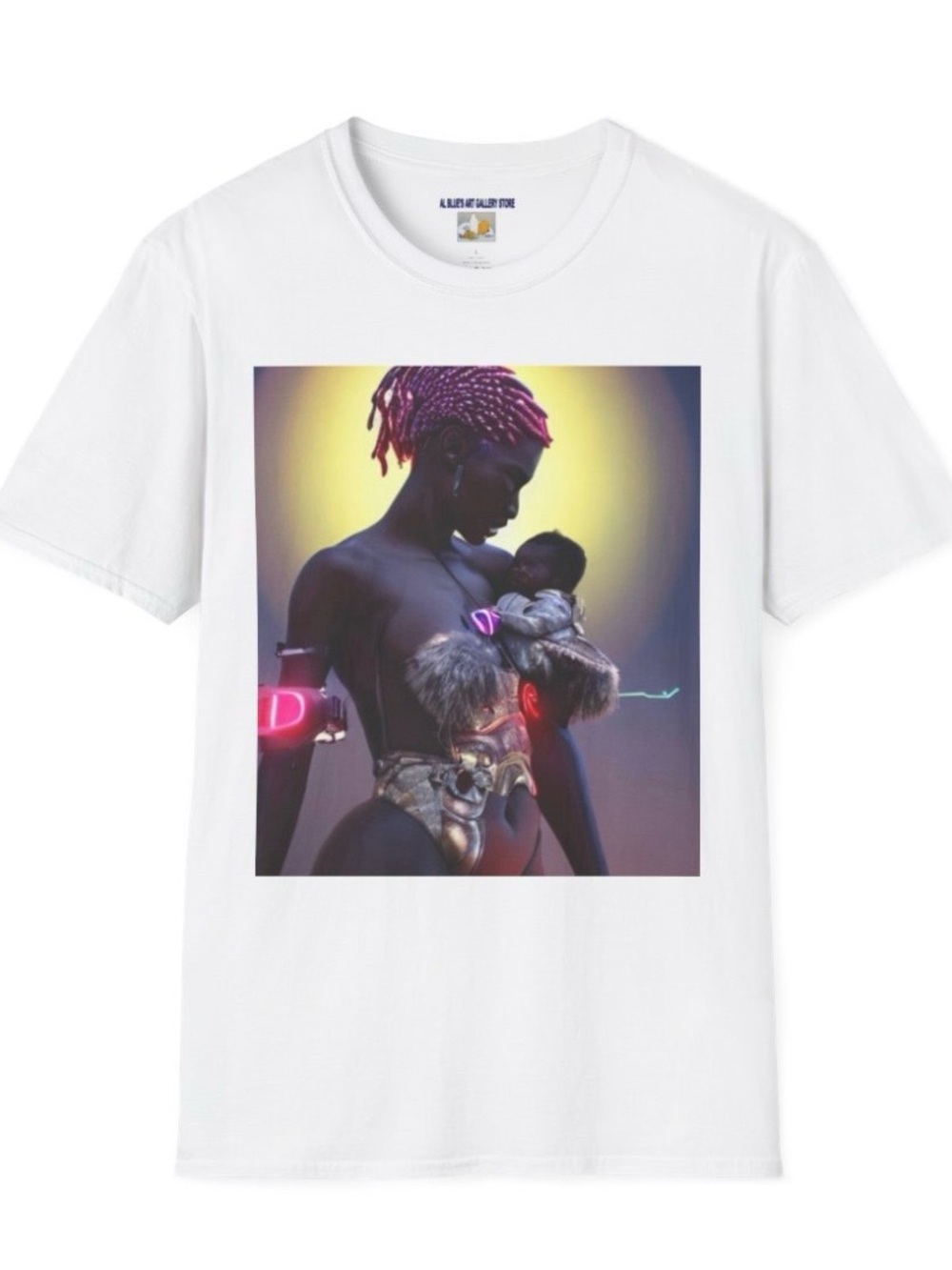 The art of Al Blue amplifies this White Short Sleeve Tee with Neon Art Print